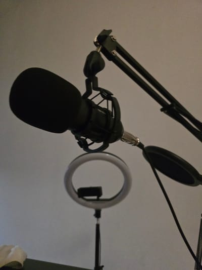 The media file shows a close-up, low-angle shot of a microphone with a pop filter and a ring light against a plain, light-colored background. The microphone, which appears to be a condenser microphone, is mounted on an adjustable boom arm. The pop filter, a black circular screen, is positioned in front of the microphone to reduce plosive sounds. A ring light, a circular LED light commonly used for photography and videography, is visible to the right of the microphone, attached to a separate arm. The lighting in the image is dim, suggesting an indoor setting, possibly for recording or streaming. The overall impression is of a professional setup for audio and video production, likely in a home studio or similar environment. No people are visible in the image, and there are no discernible text elements. The location context of Salerno, Italy, does not provide any specific visual cues within the image itself.