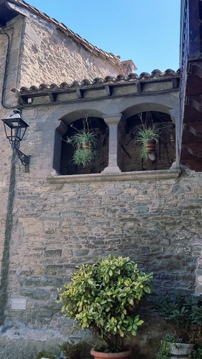 This is a medium shot, vertically oriented, exterior photograph taken in the city of Rupit, Spain. The foreground features a large, potted green and yellow variegated shrub. Behind the shrub, a rough-hewn stone wall dominates the lower half of the image. Centered above the wall is a stone architectural feature with two arched openings. Each opening contains a hanging potted plant with thin, green leaves. Above these openings, a red-tiled roof juts out, supported by dark wooden beams. A black, wrought-iron lantern is affixed to the stone wall to the left of the arched openings. The background is a clear blue sky.