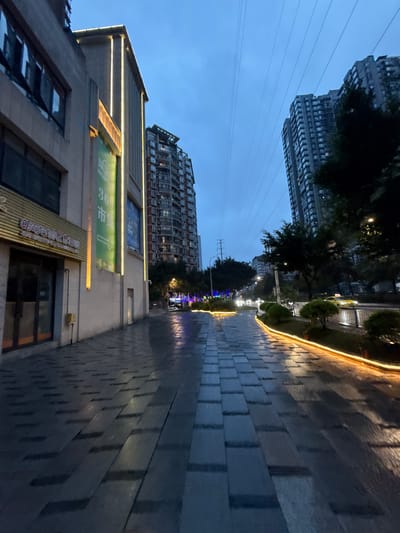 The image depicts a street scene in Longta, China, at dusk or early night. The perspective is from a paved walkway that appears wet, reflecting the ambient lights. On the left, a modern building with vertical lighting accents and large windows lines the walkway. A green banner with Chinese characters and the number "36" is visible on this building, possibly indicating a commercial establishment. To the right of the walkway, there is a grassy area with low bushes, also illuminated by warm-toned strip lights embedded along the edge of the walkway. Beyond this, a road is visible with some traffic, including a yellow vehicle. In the background, several tall, multi-story residential or commercial buildings dominate the skyline. The sky is a deep blue, suggesting twilight. Overhead, power lines crisscross the sky. The overall atmosphere is urban and modern, with emphasis on architectural lighting enhancing the streetscape. There are no visible people in the frame.