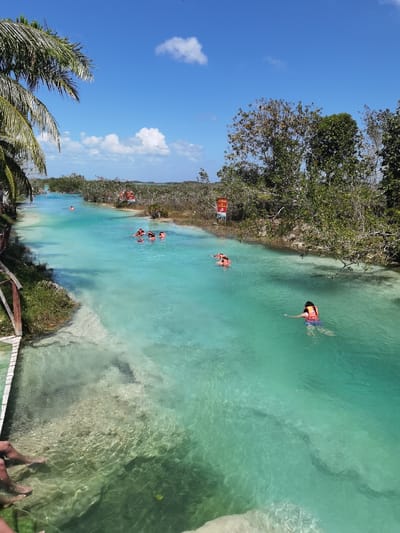 The image shows a clear, turquoise river flowing through a tropical landscape in Unidad de Riego, Mexico. The coordinates 18.59 latitude and -88.434 longitude place this location in a rural area near a river or cenote. There are eight people swimming in the river, wearing life jackets. The river is surrounded by lush vegetation, including a tall palm tree on the left edge of the image and a large group of trees on the right. The sky is a clear blue with scattered white clouds. There is a wooden platform or dock in the foreground of the image. There is a red sign on the right side of the image, near the vegetation. The image is taken from a high angle, looking down at the river.