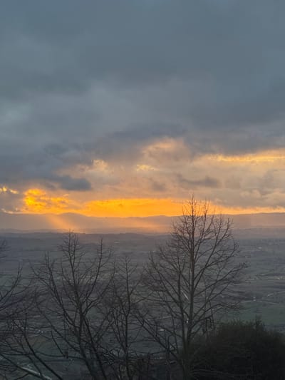 A landscape scene shows a sky with dark gray clouds and a vibrant, golden streak illuminating the center. A valley is visible on the right with muted greens and grays. Bare tree branches dominate the foreground, their silhouettes contrasting against the brighter sky. The overall composition is vertical.