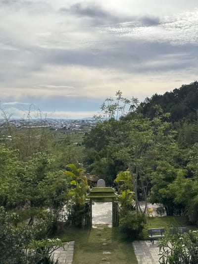 The image presents a scene in Liên Nghĩa, Vietnam, observed from an elevated position. A dense cluster of trees and foliage occupies the right side of the frame. A paved pathway runs from the foreground into the background, flanked by greenery. Beyond the trees, a view opens up to the city of Liên Nghĩa, a sprawling urban landscape extending towards the horizon. The sky is filled with clouds. A rectangular structure with a round object affixed to its top is visible amidst the foliage on the right. No people or animals are visible.