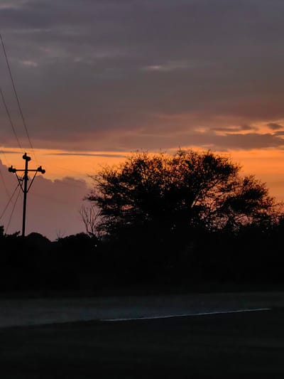 In Dattapur, India, a silhouette of a telephone pole stands to the left against a dramatic sunset. The sky is a gradient of warm orange and muted purple, with scattered clouds. A large, bushy tree is silhouetted against the sky to the right of the pole, its branches intricate against the colorful backdrop. In the foreground, a dark, paved surface, possibly a road, is visible, marked with a thin white line. The overall scene captures a moment of transition from day to night, with man-made elements like the telephone pole juxtaposed against the natural beauty of the sunset and the silhouetted landscape.
