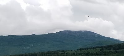 This image captures a panoramic view of a mountain range under a cloudy sky. The foreground consists of a dense, dark green forest, with the tops of trees becoming more sparse as they approach the lower slopes of the mountains. In the midground, the mountains rise steeply, covered in a mix of dark green foliage and rocky outcrops. The peaks of the mountains are partially obscured by wispy clouds. Two dark silhouettes of birds are visible in the sky, one on the far left and another in the upper right quadrant. The overall scene suggests a natural, rugged landscape, likely in a mountainous region.

The image is located in the city of Кытлым, Russia, known for its mountainous terrain and natural beauty. The scene depicts a vast, undeveloped area, with no signs of significant human settlements or infrastructure other than what appears to be a few power line towers in the far distance. The weather appears overcast, with dramatic cloud formations contributing to the atmospheric quality of the image.