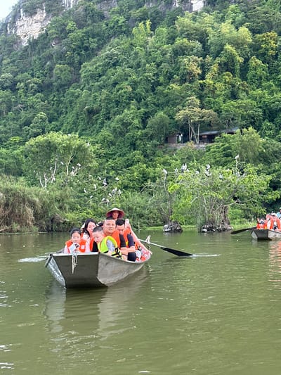 In Yên Sơn Ward, Vietnam, a group of people are enjoying a boat ride on a tranquil river surrounded by lush green mountains. The boat, a small aluminum vessel, carries several individuals, including children wearing life vests, indicating a recreational activity. A woman in the front of the boat wears a traditional conical hat. In the background, a dense forest covers the mountainous terrain, with some trees growing out of the water and large congregations of white birds perched on their branches. Another boat is visible in the distance, also carrying passengers. The water is calm and reflects the overcast sky and the surrounding greenery.