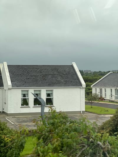 The image depicts a residential area on an overcast day in Derrybeg, Ireland. In the foreground, dense green foliage obscures the lower portion of the scene. A distinctive grey metal sculpture, appearing to be a bird or crane, stands partially visible in front of a white building with a dark, slate-tiled roof. This building has three evenly spaced windows, each covered by white curtains. To the right, another similar white building is visible, also with a dark tiled roof and multiple windows, some of which have potted plants outside. The buildings are situated on a paved surface, possibly a driveway or parking area, with a strip of green grass adjacent. In the background, a lush, green, hilly landscape is dotted with more houses and trees, disappearing into a hazy, grey sky. The overall atmosphere is one of a quiet, suburban or semi-rural setting.