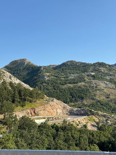 The image depicts a panoramic view of a mountainous landscape with a clear blue sky. In the foreground, dense green trees are visible, bordering a road that winds through the mountainside. The road has white guardrails and a few vehicles, including a white car and a white truck with yellow markings, can be seen. The mountains are covered in a mix of rocky terrain and lush green vegetation, with some sparsely forested areas higher up. The geology of the mountains suggests layered rock formations. The scene appears to be captured on a sunny day. The location is identified as Bukovica, Montenegro, a region known for its rugged natural beauty and winding roads that traverse the mountainous terrain.