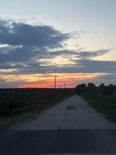 This is a vertical, landscape photograph taken at dusk in a rural setting, likely in Slobozia-Dușca, Moldova. The image is dominated by a dramatic sunset, with vibrant bands of orange and pink painting the sky. These colors are contrasted by dark, wispy clouds to the left and lighter, more scattered clouds towards the center. In the middle ground, a single utility pole with wires stretches upwards, a common sight in rural areas. Beyond the pole, a line of dark trees forms the horizon, with hints of houses and buildings visible beneath them.

To the right of the sky and trees, a paved path, possibly a road or sidewalk, recedes into the distance. The path is cracked and shows signs of wear, with a rough texture. It is bordered by a strip of green grass, which then transitions into a darker, more densely vegetated area, likely fields or wild growth. The overall impression is one of peaceful solitude at the end of a day. The light suggests it is either sunrise or sunset, with the warm hues indicating the former, while the presence of scattered houses and the paved path suggests it might be near a settlement. There is no visible text in the image.