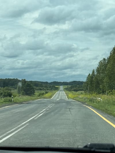 A road stretches into the distance under a cloudy sky. On the left side of the road, a white post with a black stripe is visible. Further in the distance, a plume of smoke or mist rises from behind a cluster of trees. The right side of the road is lined with a dense forest. The road has a yellow line on the right edge and double white lines in the center. The image appears to be taken from inside a vehicle, with a portion of the car's dashboard visible at the bottom. The environment is rural, with vegetation and trees dominating the landscape.