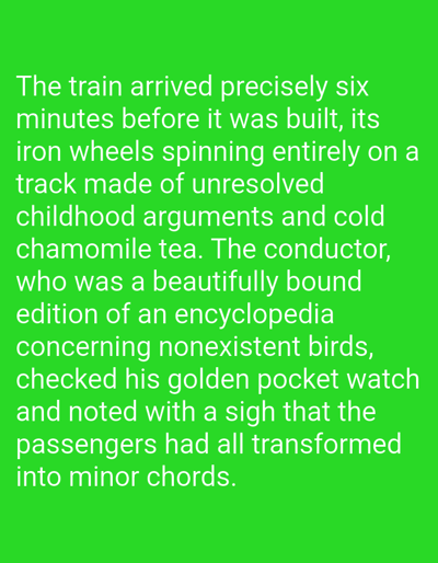 This is a media file containing text overlaid on a solid green background. The text is white and describes a surreal scene involving a train. The story begins with a train arriving six minutes before it was built, with its iron wheels spinning on a track made of unresolved childhood arguments and cold chamomile tea. The conductor, described as a beautifully bound edition of an encyclopedia concerning nonexistent birds, checks his golden pocket watch. He notes with a sigh that the passengers have transformed into minor chords. The text is clear and legible, with no discernible time of day, weather, or specific location cues. The overall tone is whimsical and imaginative, evoking a sense of the absurd and dreamlike. The subjects are abstract and metaphorical, with the train, its components, the conductor, and the passengers all serving as symbolic elements within the narrative. No people or discernible objects, other than the train and pocket watch, are explicitly depicted, as the focus is on the textual description of the scene.