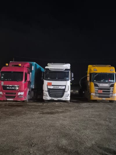 The image captures three large semi-trailer trucks parked side-by-side on a gravel or dirt surface at night in Mozhary, Russia. The sky is completely dark, indicating late evening or nighttime conditions. No people are visible, and there is no apparent activity taking place.

From left to right (as the image is rotated), the trucks are:
1.  A bright yellow Scania truck. Its grille clearly displays "SCANIA". A hazard identification panel below the grille shows "90" on top and "3082" on the bottom, indicating a highly flammable liquid. A partial license plate "P01 XT 48" is visible.
2.  A white DAF truck, positioned in the center. The "DAF" logo is prominent on its grille. Similar to the Scania, it also has a hazard identification panel with "90" over "3082". Its license plate reads "P 709 XT 46".
3.  A red MAN truck, with its "MAN" logo displayed on the grille. This truck appears to be a dump truck or a truck with a blue container body attached behind the cabin, though the container is mostly obscured by darkness and the other truck. Its license plate is "B 831 CA 37".

The ground is rough, consisting of small stones and dirt. The trucks are parked closely together. The overall impression is of a resting or storage area for heavy vehicles.