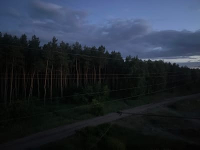 The image depicts a dark, rural scene with a dense forest on the left, bordering a dirt road. The sky above is a deep twilight blue, with heavy, dark clouds. Several power lines are visible stretching horizontally across the frame. The overall impression is one of dusk or pre-dawn in a natural setting, possibly on the outskirts of Borisoglebsk, Russia. There are no visible people or specific actions taking place. The environment is characterized by trees, vegetation, a road, and overhead power infrastructure.