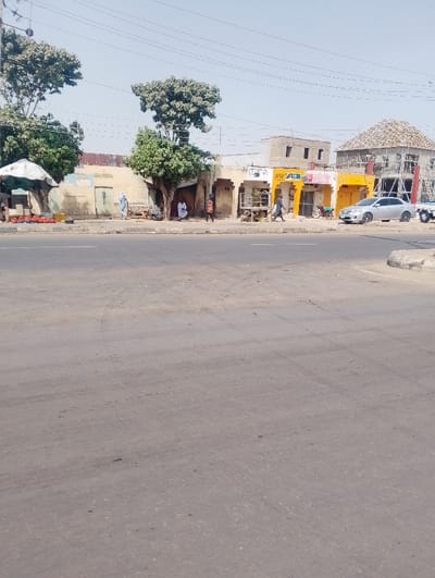 The image depicts a roadside scene in Dorayi, Nigeria, under a clear, light blue sky with visible power lines spanning the upper frame. In the foreground, a wide, worn grey asphalt road shows tire marks and scattered debris.
The midground features a commercial and residential strip along the right side of the road. On the far left, a large tree with dense green foliage shades a white canopy structure under which red items, likely produce, are displayed. Behind this, a light-colored building wall is visible, with a person in light blue attire walking from left to right near it.
Towards the center, another large tree with green foliage provides shade, beneath which two individuals are seated, one in white clothing and another in darker attire, on a low structure or bench. Adjacent to this, a row of single-story commercial buildings features varying facades, including one painted bright yellow with "PTA" signage and another with a reddish signboard. A person in dark clothing is observed walking from left to right in front of these shops.
A silver sedan is parked parallel to the curb, facing right, and a motorcycle is parked nearby. To the far right, a multi-story building is actively under construction, characterized by exposed brickwork, visible scaffolding, and a distinctive thatched-style roof structure partially completed.
