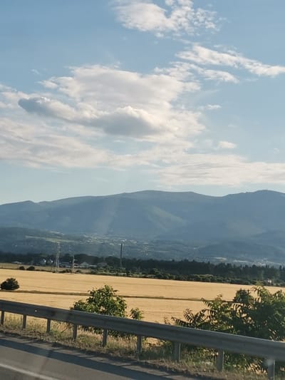 The image captures a panoramic view of a rural landscape under a partly cloudy sky. In the foreground, a metal guardrail runs horizontally, separating a paved road from a golden field of crops, likely wheat or barley, which stretches towards the middle ground. Several scattered trees and bushes dot the landscape.

Further in the distance, a line of trees forms a dark green border against the golden field. Beyond the trees, a sprawling valley unfolds, dotted with houses and buildings, suggesting a small town or village. A prominent electrical pylon with multiple crossbars and wires stands tall within this area, along with a slender, industrial chimney.

The background is dominated by a range of hazy, blue mountains that recede into the distance. The sky is a bright blue, with scattered white cumulus clouds. The overall impression is one of a serene, rural setting on a clear day. The image appears to be taken from a moving vehicle due to the slight blur and perspective. While the image does not explicitly show the city of Kazichene, Bulgaria, the scene is consistent with the surrounding agricultural and mountainous terrain typical of the area.