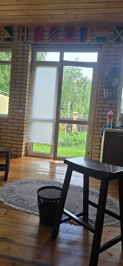 The image depicts an interior scene of a room with a wooden ceiling and brick walls. A large glass door or window looks out onto a grassy yard with trees and a fence. Several flags are displayed on the wall above the window. In the foreground, a dark wooden stool stands on a circular rug placed on a wooden floor. A black trash can is situated next to the stool. On a shelf to the right of the door, several items are visible, including cups and a bottle of soda. The overall impression is of a casual, possibly rustic, living space. The location is not identifiable from the image.