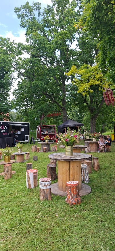 This image depicts an outdoor event, possibly a festival or market, set against a backdrop of lush green trees. The scene is arranged with rustic wooden tables and seating, with many of the tables made from large, spooled wooden cable reels. Scattered around the tables are tree stump seats, some of which are painted with colorful, abstract designs.
In the background, there are several food trucks or stalls. On the left, a black food truck with white lettering that reads "WOW BAO" is visible, with people inside. To its right, a red and white food truck is parked, and further back, a black tent with the text "tass naudinguist" is set up.
Several people are present. Two women are seated at a table in the middle right of the image, engaged in conversation or observation. Other individuals are partially visible near the food stalls. The overall atmosphere appears to be relaxed and casual, with a focus on outdoor dining and gathering. The ground is covered in green grass, and the sky above is partly cloudy. The presence of flowers in vases on the tables adds a touch of natural decoration to the scene.
While the image itself does not explicitly state the location as Viljandi, Estonia, the presence of the "tassnaudinguist" tent suggests a connection to Estonia, as "naudinguist" is an Estonian word meaning "of pleasures." Many outdoor events in Estonia, particularly in the summer, are held in natural settings like parks or rural areas, which aligns with the visual elements of this photograph. Viljandi is known for its historical castle ruins and its vibrant cultural life, often hosting festivals and outdoor markets in its parks and town square, making it a plausible location for such a scene.