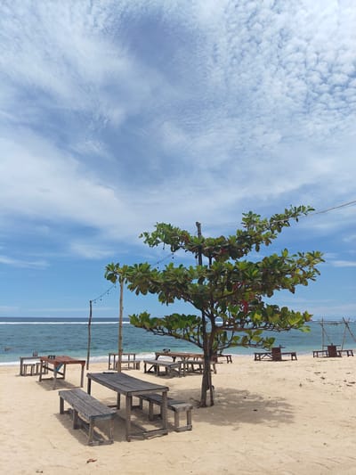 The image depicts a beach scene in Monikeun, Indonesia. The foreground features several wooden picnic tables and benches scattered across the sand. A tree with green foliage stands near the center of the frame, casting a shadow on the sand. In the background, the ocean meets the horizon under a partly cloudy blue sky. The waves are gently breaking on the shore. Other tables and benches, along with a swing set, are visible further down the beach. A string of lights is strung up on the tree.