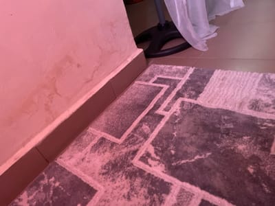 The image depicts an indoor scene, likely a domestic environment, with a focus on the corner where a wall meets the floor. A pink-hued wall is visible on the left, showing some staining or discoloration, particularly towards the bottom. A baseboard separates the wall from the floor. A portion of a dark-colored fan base and a white, translucent fabric, possibly a curtain or drape, are situated in the background, to the right of the wall. The floor is covered by a rug with a geometric pattern, featuring dark gray and white sections. The lighting in the scene casts a pinkish tint over the entire image. The specific location in the city of Zanzi, Nigeria cannot be determined from the visual information provided.