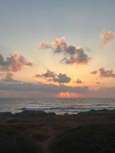 The image depicts a serene sunset over the Mediterranean Sea on the coast of Mate Asher Regional Council, Israel. The sky is a canvas of soft hues, with a pale blue transitioning into a warm orange and pink as the sun dips below the horizon. Rays of light emanate from behind scattered clouds, some tinged with pink and others a soft gray. The sea is calm, with gentle waves lapping against a rocky shoreline covered in low-lying vegetation. The foreground consists of dark, textured ground, suggesting a natural, uncultivated area. The overall atmosphere is peaceful and tranquil.