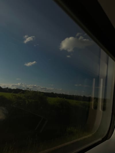 The image, taken from inside a moving vehicle, shows a view through a window. The dominant elements are a blue sky with scattered white clouds and a landscape of green fields and trees. The reflection on the window obscures some of the view and shows internal features of the vehicle. The scene depicts an outdoor environment, likely a rural or semi-rural area, with natural elements such as grass, foliage, and sky. The lighting suggests it is daytime, possibly late afternoon or early evening, given the quality of light and the presence of shadows. No people, specific landmarks, or urban features are clearly identifiable in the provided image to ascertain a location in Wittenberg, Germany. The image is a snapshot of a passing landscape.