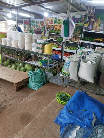 This image captures an indoor market stall, likely situated in Kangema, Kenya, bustling with a variety of goods for sale. The scene is illuminated by bright fluorescent bulbs hanging from a corrugated metal ceiling, suggesting an enclosed space or low natural light.

The stall is well-organized with metal shelving units displaying a diverse range of produce. On the left, pineapples and numerous watermelons are neatly stacked on lower shelves. Above them, several white plastic buckets and containers, likely holding dry goods such as flour or sugar, are arranged on a counter. A rustic wooden bench sits in the foreground.

Further inside, multi-tiered shelves are laden with fresh fruits and vegetables, including piles of red tomatoes, green limes or lemons, potatoes, and various other items. Decorative posters featuring colourful fruits like avocados, oranges, grapes, and mangoes, along with vegetables like carrots and ginger, adorn the back wall. A bright yellow plastic container is also visible on a shelf.

To the right, large white sacks filled with goods, possibly grains or pulses, are propped on small wooden stands. One sack clearly displays the English text "GREEN LEEN" and "TRADING" along with some Arabic script, suggesting its contents. On the ground in the foreground, a green mesh bag, a green plastic basket filled with green beans or peppers, and a blue tarp are present.

No people are visible in the image, giving the impression of either an opening, closing, or a quiet moment at the market stall. The array of fresh produce and dry goods points to a functional local market setting.