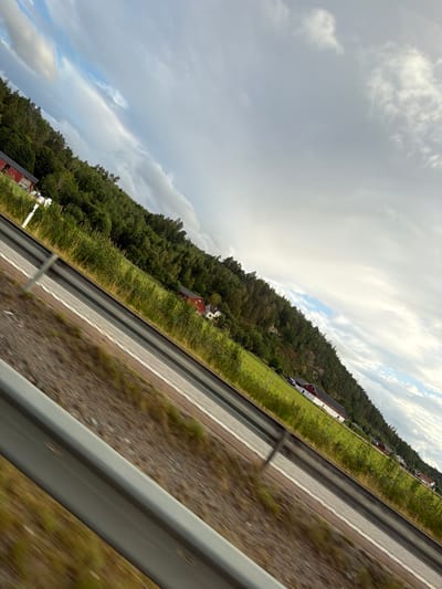 The image captures a diagonal view of a rural roadside scene in Fjärås, Sweden, under a cloudy sky. A multi-lane road, possibly a highway, occupies the foreground and mid-ground, with a metal guardrail visible. The road surface appears to be asphalt with white lane markings. Alongside the road, a strip of tall, green grass and vegetation leads up to a tree-covered hillside. Several red-roofed buildings with white walls, characteristic of Swedish farmhouses, are scattered across the landscape at the base of the hill. The trees on the hill are dense and green, suggesting a summer or late spring setting. The sky is filled with a mix of light and dark gray clouds, with patches of blue sky peeking through. The overall impression is one of motion, as suggested by the slight blur of the foreground and roadside elements, indicating the photograph was likely taken from a moving vehicle. No people are visible in the frame.