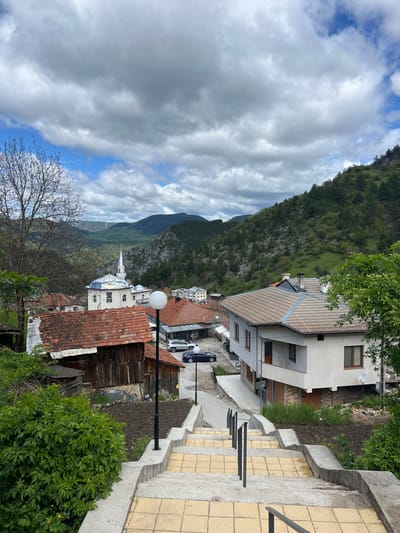 The image shows a view of the city of Giovren, Bulgaria, with a mountain range in the background and a cloudy sky overhead. The foreground features a set of tiled steps with black metal railings. To the left of the steps are various buildings with tiled roofs, including a white building with a spire. There is a mix of traditional and modern architecture. Bare trees and green foliage are interspersed among the buildings and along the edge of the frame. Cars are visible parked on a road between the buildings. Streetlights are also present.