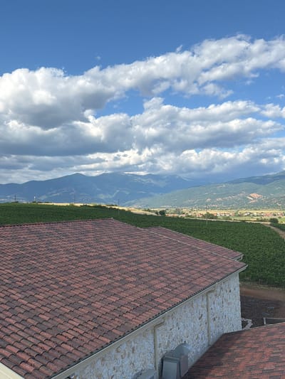 The image captures a scenic view from a building in Kocherinovo, Bulgaria, overlooking a valley and mountains. In the foreground, the terracotta tiled roof of a building is prominent, with a stone-clad wall visible on the right. Beyond the building, vast green vineyards stretch out, covering the landscape. In the middle ground, a village with red-tiled roofs is nestled within the valley, surrounded by fields of yellow and green. The background is dominated by rolling mountains under a bright blue sky filled with fluffy white clouds. The scene appears to be a tranquil rural landscape, likely taken during the daytime.