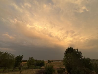 The image depicts a wide-angle view of a rural landscape under a dramatic sky. The sky is filled with clouds, with the upper portion illuminated by warm, golden sunlight, suggesting either sunrise or sunset. Below this bright sky, the clouds transition to a darker, ominous gray, hinting at impending weather. The foreground features dry, grassy terrain with scattered bushes and trees. Several trees, some appearing wind-swept, are visible on the left and right sides of the image, with foliage in various shades of green. A wooden fence post is present in the lower left quadrant. In the middle ground, the landscape rolls into gently sloping hills dotted with more vegetation and a few distant buildings or structures. The overall impression is one of a natural, somewhat wild environment. The location is identified as the city of Kyzyl Shalola, Uzbekistan, implying this scene is within or near that area. There are no people or animals visible in the image, and no apparent actions or interactions are taking place.