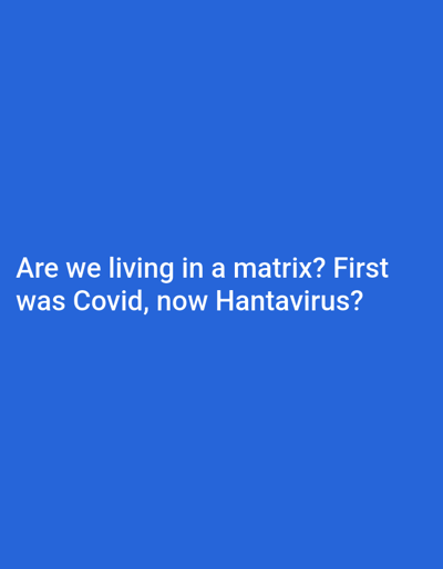 The image is a solid blue background with the white text "Are we living in a matrix? First was Covid, now Hantavirus?" There is no depiction of Calabar, Nigeria, or any other location. There are no people, subjects, objects, actions, interactions, or environment to describe beyond the text and background color.