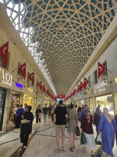The image depicts an indoor shopping arcade with a distinctive geometric ceiling structure. The arcade is lined with shops on both sides, and the walls are adorned with numerous Turkish flags. People are seen walking along the marble floor of the arcade. In the foreground, a woman in black Islamic attire is walking away from the camera, holding a phone and a small handbag. Behind her, several other individuals are also walking, some carrying shopping bags. The shops visible have signage in Turkish, including "VOX DIAMOND" and "ALYANS DÜNYASI." The lighting appears to be a mix of natural light filtering through the ceiling and artificial lights from the shops. The overall scene suggests a bustling commercial environment in a location that is likely Turkey, given the prominent display of Turkish flags. The location is identified as Osmangazi, Turkey.