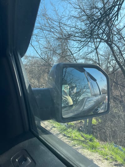 The scene is observed from inside a vehicle, looking towards the passenger-side exterior rearview mirror, located in Medovnitsa, Bulgaria. The left side of the image features the dark-colored interior door panel and window frame of the vehicle. The rectangular exterior mirror displays a reflection of an individual holding a light green smartphone, partially obscuring their face, which appears to be covered by dark eyewear. Also reflected in the mirror are portions of the vehicle's dark-colored exterior and the external environment. The mirror surface clearly shows the warning "OBJECTS IN MIRROR ARE CLOSER THAN THEY APPEAR" and a blind spot monitoring icon. Outside the vehicle, under a clear blue sky, numerous deciduous trees with bare branches are visible, suggesting a late winter or early spring season. The ground beneath the trees is covered with patches of green grass and bare earth. A chain-link fence is partially visible to the far right of the scene. The environment is brightly illuminated by natural light.
