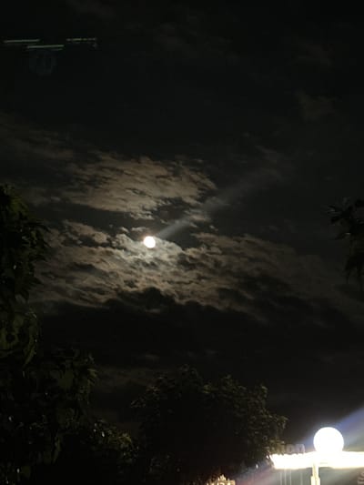 A nighttime, low-angle shot captures a full moon partially obscured by clouds against a dark sky. Trees and foliage frame the bottom and left sides of the image. In the background, faint lights suggest an urban environment, and on the far right, a bright, spherical light fixture is visible, along with the illuminated word "ATION" on a sign, possibly indicating a location like a train station. The overall impression is one of a peaceful night scene in Anduze, France.