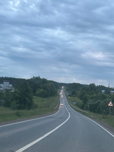 The image shows a two-lane asphalt road winding through a rural landscape under a cloudy, overcast sky. The road has white dividing lines and is bordered by grassy shoulders and dense green trees. Several cars are visible on the road, some with their headlights on, suggesting it may be dusk or a dark day.

On the left side of the road, there are several houses with pitched roofs. On the right side, there are more trees and a signpost with a triangular warning sign depicting a silhouette of an animal, likely indicating a wildlife crossing area. A few smaller signs are also visible along the roadside further down the road. The terrain appears gently rolling. The overall impression is one of a remote, scenic drive in a temperate climate.

The image does not contain any discernible elements that specifically place it in the city of Забегалово, Russia, beyond what might be inferred from the general appearance of rural Russian roadsides.