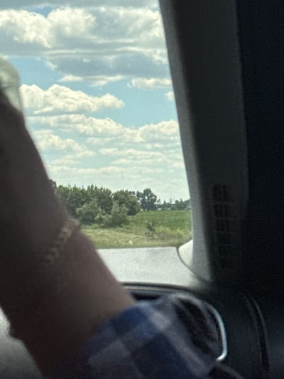The image shows a view from inside a vehicle, looking out a window. The window frames a landscape under a cloudy sky. In the foreground, a person's arm and shoulder are visible, wearing a blue and white plaid shirt. The arm has a thin, metallic-colored bracelet or band on the wrist. The window frame itself is dark gray, and a portion of the car's interior, possibly a door panel or seat, is also visible on the right side. Outside the window, a grassy field with scattered trees forms the middle ground, and the sky above is a pale blue filled with scattered, puffy white clouds. The scene appears to be of the outskirts of Portnivka, Ukraine, suggesting a rural or semi-rural setting during daylight hours.