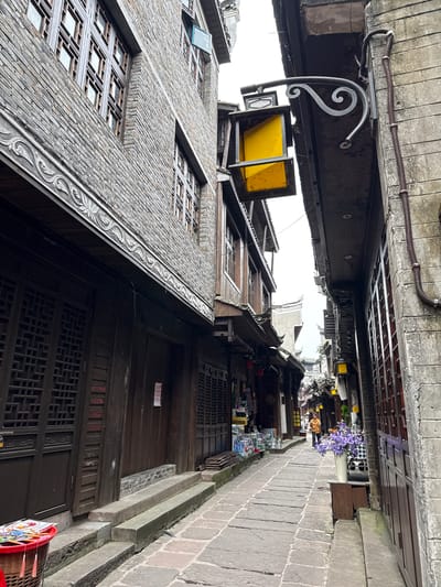 This photograph depicts a narrow street in Fenghuang, China. The image is oriented with the street running vertically. On either side are buildings with traditional Chinese architecture. The building on the left is constructed of grey brick with multiple windows. The building on the right has dark wooden doors and latticework. Overhead, a narrow gap between the buildings reveals the sky. A decorative metal light fixture with a yellow sign hangs from the upper left. The street is paved with stone. Flowers and various goods are displayed outside the buildings, suggesting a commercial area. No people are clearly visible in the photograph.