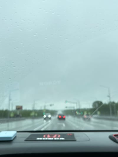 The image is taken from inside a vehicle, looking through a rain-streaked windshield at a road in a city. The weather appears to be overcast and rainy, with water droplets visible on the glass. Several cars are on the wet road ahead, some with their headlights on. In the foreground, on the dashboard, there is a blue rectangular object on the left and a black mat with a red Honda logo on the right. The background shows a blurry green landscape of trees and vegetation. The scene suggests a drive on a highway or main road during a rainy day. The location is identified as a road in the city of Pionersky, Russia.