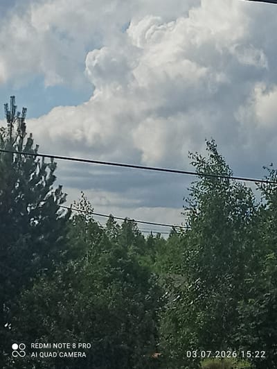 The image depicts a cloudy sky with dramatic, swirling cloud formations in the upper portion. Below the clouds, a dense canopy of green trees stretches across the frame, with some taller, more spiky trees, possibly evergreens, on the left side. Two horizontal black wires run across the middle of the image, obscuring parts of the trees and sky. In the lower left corner, a white logo with the text "REDMI NOTE 8 PRO AI QUAD CAMERA" is visible. In the lower right corner, the date "03.07.2026" and time "15:22" are displayed. The image was taken in Sovetskiy, Russia. The scene appears to be outdoors, likely in a natural or semi-natural environment with overhead power lines. No people or animals are discernible in the image.