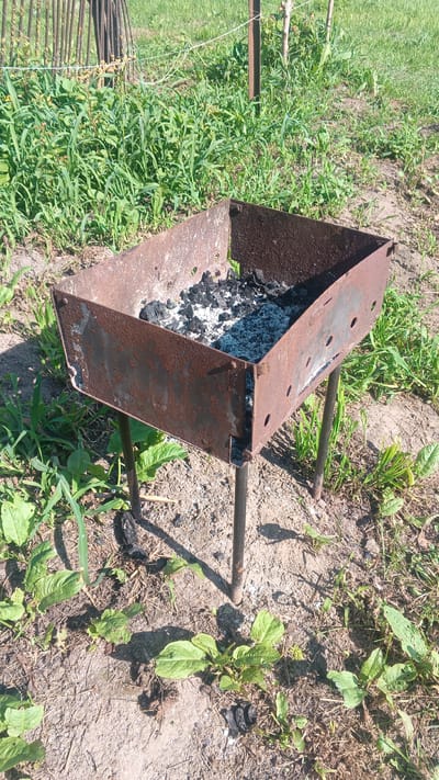 A rusty, square metal barbecue grill sits on four thin, black metal legs in a grassy, outdoor area. The grill contains remnants of charcoal and ash. The ground around the grill is dirt and scattered with small green plants. In the background, a blurred wooden fence can be seen, along with more green grass and a thin white wire. The scene appears to be in a rural or backyard setting.