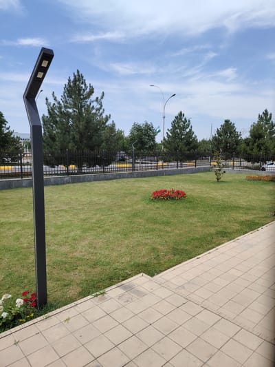 The image depicts a well-maintained park area with a paved walkway in the foreground. A dark, modern lamppost stands on the left side of the frame. The park features a lush green lawn with a circular flower bed containing red and yellow flowers. In the background, a black metal fence encloses the park, behind which are several tall pine trees. A street with yellow markings is visible beyond the fence, along with some buildings and parked vehicles. The sky is blue with scattered white clouds. The location is identified as Zaamin, Uzbekistan, as indicated by the Uzbek flag flying on a flagpole in the distance.