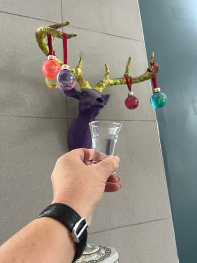 A person's arm, adorned with a black leather wristwatch, is holding a clear shot glass. Behind the hand, a stylized deer head wall mount is visible. The deer head is purple, and its antlers are painted in shades of green and gold, each tipped with a translucent colored ball secured with red bands. The background consists of a grey tiled wall in the upper part and a teal wall in the upper left corner. The location is indoors. It is impossible to pinpoint the exact location in the city of Liverpool, United Kingdom, from the given information.
