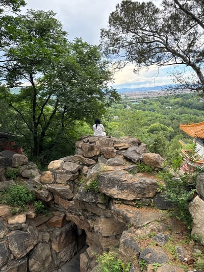 An elevated outdoor scene depicts a person seated atop a prominent rock formation, overlooking a sprawling landscape in Haidian District, China. The central foreground is dominated by large, irregular rocks forming a natural or constructed cliff face, with small green foliage and sparse dry leaves growing between them. A dark, cavernous opening is visible within the rock structure in the lower-middle left.
A lone individual, seen from behind, is seated on a flat surface of the upper rock formation. The person wears a loose-fitting, light-colored (presumably white) garment and has long dark hair. They are positioned facing away from the viewer, looking out over the distant vista.
To the left of the person and rocks, a dense canopy of green deciduous trees occupies the midground. To the right, a portion of a traditional Chinese building is visible, characterized by an ornate orange tiled roof with yellow ridge decorations and green eaves. Below this structure, more green foliage extends.
The background reveals a vast panorama: a wide expanse of lush green trees transitions into a densely built urban area with numerous buildings and a visible elevated road or bridge. Faint mountain ranges are discernible on the distant horizon. The sky above is partially covered with white and grey clouds, revealing patches of blue.