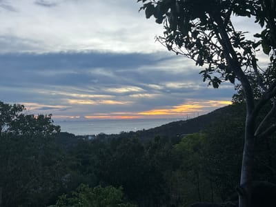 The image depicts a sunset over the ocean, viewed from an elevated position in Baan Hin Kong, Thailand. The foreground is dominated by dense green vegetation, including trees with dark green leaves. A tree with a light gray trunk and prominent branches frames the right side of the image. The middle ground shows a coastline and rolling hills covered in trees. The ocean horizon is illuminated by a strip of orange and yellow light from the setting sun. The sky is filled with layers of clouds, ranging from light gray to darker blue-gray tones. In the distance, several radio towers or antenna-like structures are visible on the horizon. No people are visible in the image.