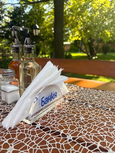 An outdoor dining table is forensically depicted in Hrishteni, Bulgaria, during daylight hours. A wooden table surface is partially covered by a white, open-weave lace placemat. Situated on the placemat are a metal caddy containing a clear glass salt shaker filled with white granules and two glass bottles with metal pour spouts, one holding an amber liquid and the other a clear liquid. To the right of the caddy, a clear acrylic napkin holder displays the blue Cyrillic word "Банкя" and contains several folded white paper napkins. The background is extensively blurred, featuring dappled sunlight illuminating lush green foliage from trees and bushes. A dark-colored lamppost with a lantern fixture is partially visible through the leaves on the left side. A horizontal wooden bench backrest is discernible in the blurred mid-ground. No individuals, actions, or direct interactions are present.