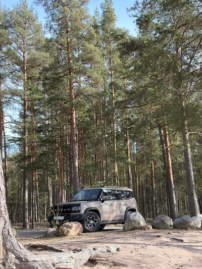 The image shows a light brown Land Rover Defender parked on a sandy patch in a forest, potentially near Glubokoe, Russia. Tall, thin pine trees dominate the background, creating a dense forest setting. Large rocks are arranged along the edge of the sandy area. The car's front is visible, featuring a black grill and distinctive headlights. The license plate is partially visible, but the exact characters are unclear. The ground is sandy with exposed tree roots and pine needles. The sky is visible through gaps in the tree canopy.