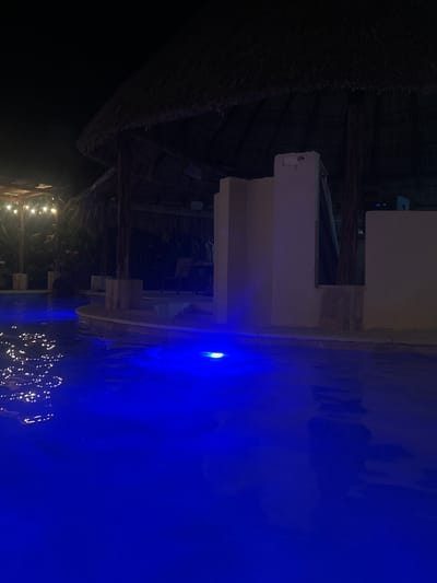 A nighttime view captures a building with a thatched roof adjacent to a pool illuminated with blue light, possibly taken in Acapulco de Juárez, Mexico. String lights provide additional illumination in the background.