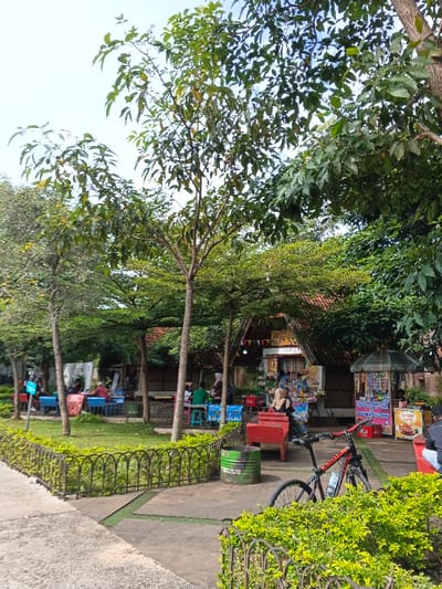 A tranquil outdoor scene features a collection of trees, some with broad canopies, shading an open area. A small shop or eatery stands at the scene's center, surrounded by tables and chairs occupied by people. A bicycle rests in the foreground next to a fence with lush green bushes. The entire scene evokes a sense of peace and leisure, enhanced by the presence of vegetation.