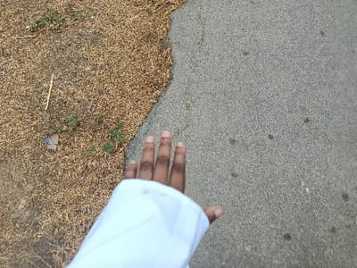 An overhead photograph depicts a dark-skinned human hand, partially visible from the wrist, extending from the lower-left. The hand wears a white long-sleeved garment, with fingers splayed and pointed towards the upper-right. The ground beneath is bisected by an irregular, curved boundary. To the upper-left, the surface consists of dry, light-brown vegetation and soil with scattered small green sprouts and minor debris, including a small blue object and a light-colored stick fragment. To the lower-right, the surface is a grey, granular paved material, likely asphalt, exhibiting several small, dark, irregular stains. The scene is located in Rafin Pa, Nigeria.