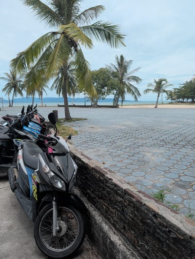 A street scene at Thong Sala, Thailand, showing parked scooters alongside a textured sidewalk and a low brick wall. Beyond the wall, the view opens to a beach area with palm trees and the sea under a partly cloudy sky. No people are visible. The scooters are lined up closely, suggesting a rental or parking area. The sidewalk is composed of interlocking blue-grey pavers. The focus is on the environment and the vehicles, with no actions or interactions occurring in the scene.
