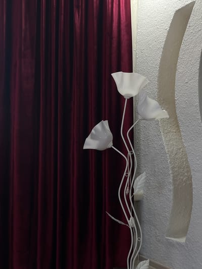 A floor lamp with three white, flower-shaped lights stands to the right of a dark red curtain. The lamp has a white, vine-like stem with several leaf-shaped accents. The wall behind the lamp is textured and white, with a curved architectural detail. The scene appears to be indoors, possibly in a residential or commercial space.